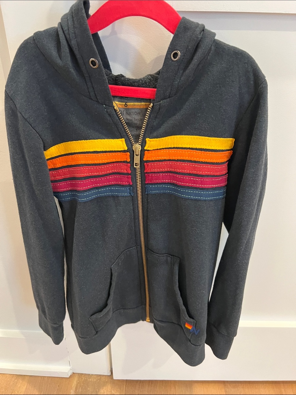 Aviator Nation Kids Charcoal Zip Hoodie with Rainbow Stripes